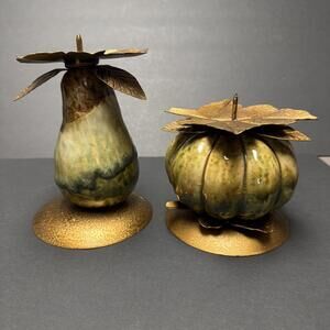 2 Ceramic And Metal Candle Holders Pumpkin Pear Green Gold Brown Fall Decor